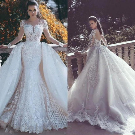 Original African Luxury Lace Mermaid Wedding Dresses 201 Illusion Neck Long Sleeve Detachable Train Appliques Beaded Plus Size Arabic Br DIGITAL OFFICE ELECTRONIC