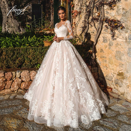 Original Fmogl Sexy Illusion Long Sleeve Vintage Wedding Dresses 2022 Scoop Neck Appliques Court Train Tulle A Line Bridal Gown DIGITAL OFFICE ELECTRONIC