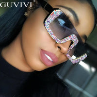 GUVIVI - Original Diamond Semi-Rimless Square Sunglasses Women Rhinestone Retro Gradient Sun Glasses Vintage Oversized Feminino Eyeglasses UV400