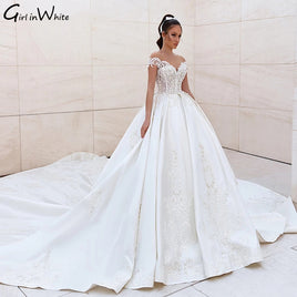 Original Ball Gown Wedding Dress 2021 Royal Satin Beaded Lace Appliques Off the Shoulder Princess Bride Gown Vestido De Noiva DIGITAL OFFICE ELECTRONIC