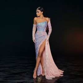 Original Colorful Shiny Pink Sequined Prom Dresses 2021 Sexy Off The Shoulder High Split Lace Prom Gowns With Long Gloves DIGITAL OFFICE ELECTRONIC