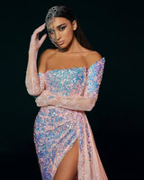 Original Colorful Shiny Pink Sequined Prom Dresses 2021 Sexy Off The Shoulder High Split Lace Prom Gowns With Long Gloves DIGITAL OFFICE ELECTRONIC