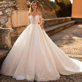 Original Fmogl Sexy Boat Neck Long Sleeve Lace Vintage Wedding Dresses 2022 Luxury Court Train Appliques Spaghetti Straps Bride Gown DIGITAL OFFICE ELECTRONIC