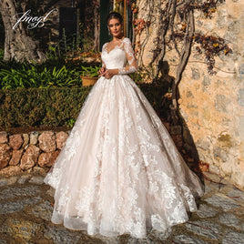 Original Fmogl Sexy Illusion Long Sleeve Vintage Wedding Dresses 2022 Scoop Neck Appliques Court Train Tulle A Line Bridal Gown DIGITAL OFFICE ELECTRONIC