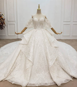 Original Glamorous Long Sleeve Appliques Chapel Train Ball Gown Wedding Dress 2020 Luxury Beading Scoop Neck Lace Up Princess Bridal Gown DIGITAL OFFICE ELECTRONIC
