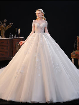 Original Gorgeous Appliques Chapel Train Ball Gown Wedding Dresses 2022 Appliques Lace Luxury Beading O-Neck Cap Sleeve Vintage Gown DIGITAL OFFICE ELECTRONIC