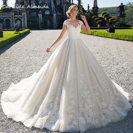 Original Scoop Neck Cap Sleeve Ball Gown Princess Wedding Dresses for Bride Appliques Chapel Train Ivory Vintage Wedding Dress Bespoke DIGITAL OFFICE ELECTRONIC