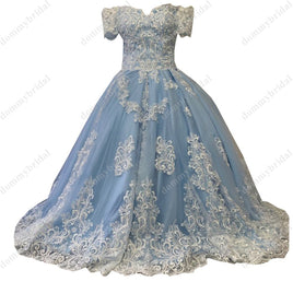 Original Vintage White Lace Light Blue Quinceanera Dresses Cheap Long Off the shoulder with Sleeves Floor Length Tulle Prom Dress DIGITAL OFFICE ELECTRONIC